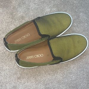Lime green and black Jimmy Choo slip on flats